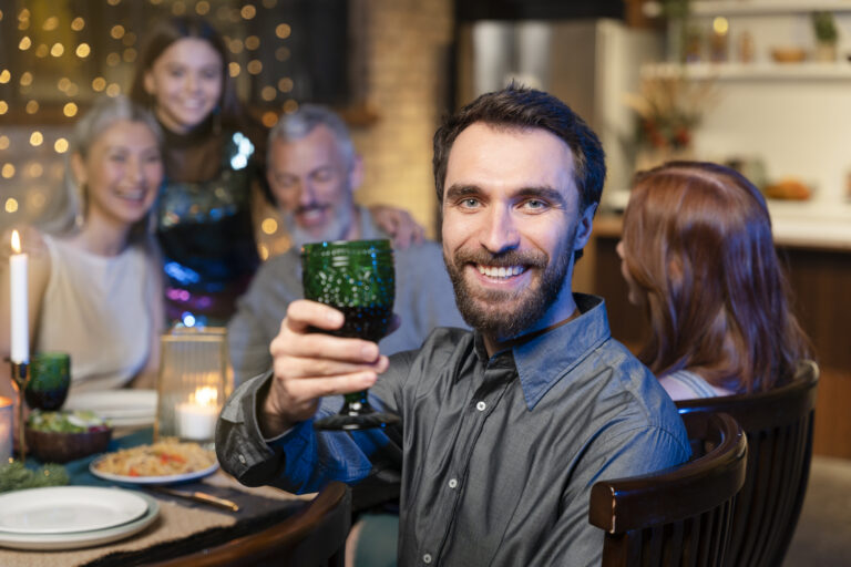 Family enjoying a night out at a restaurant.